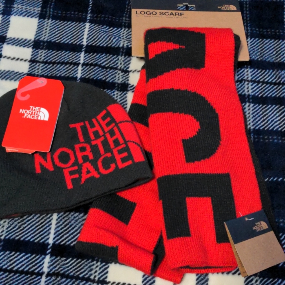 North face beanie and a North face logo scarf